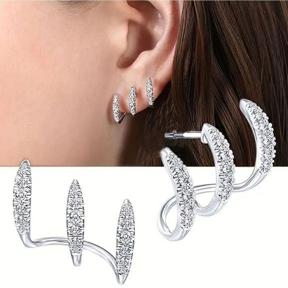 Dazzling Claw Design Stainless Steel Stud Earrings with Cubic Zirconia - Picture 10 of 10